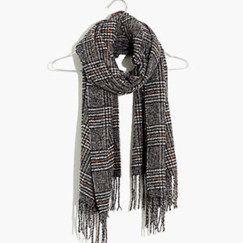 NWT Madewell Menswear tweed pattern plaid scarf grey black Menswear Plaid Scarf